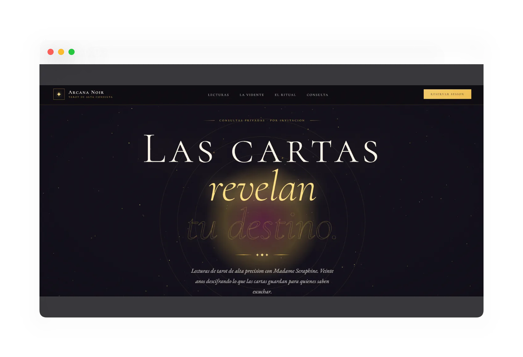 Arcana Noir, landing premium de tarot